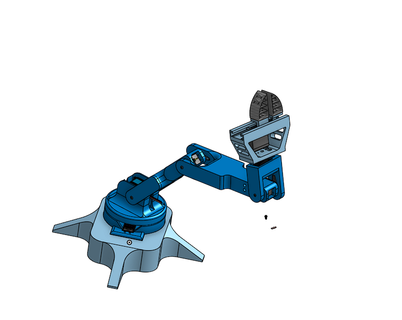 CAD model of Steven's articulated robotic arm with a four-legged base, rotating platform, linked segments, and gripper
