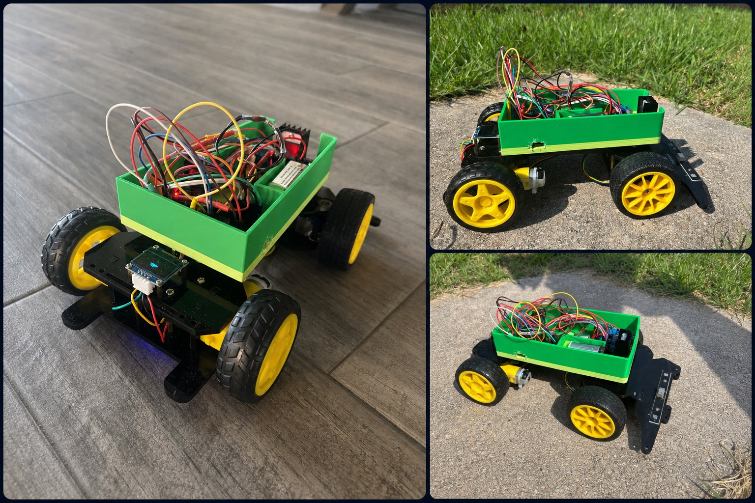 Three views of the green ESP32 RC car with its exposed electronics, yellow wheels, custom enclosure, and OLED display