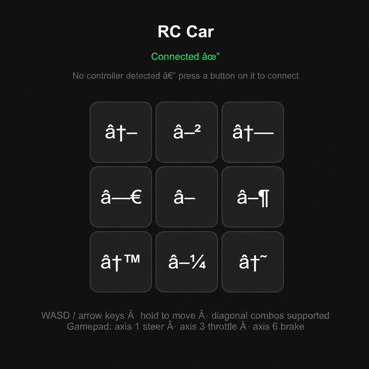 Dark RC Car web controller dashboard showing a connected status, a three-by-three driving control grid, and keyboard and gamepad instructions