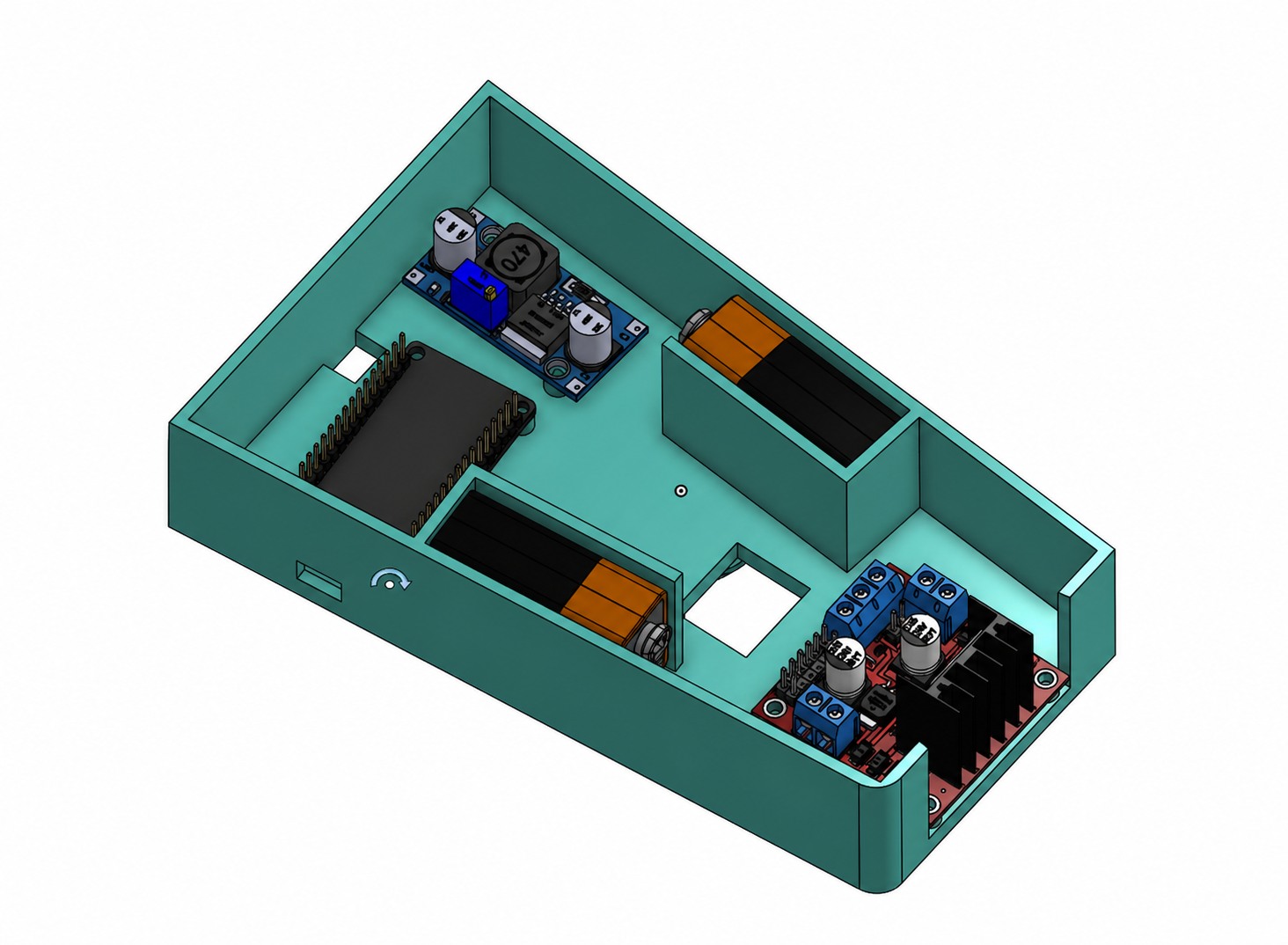 Isometric CAD model of the custom teal RC car electronics enclosure with its ESP32, power modules, batteries, and motor driver arranged inside